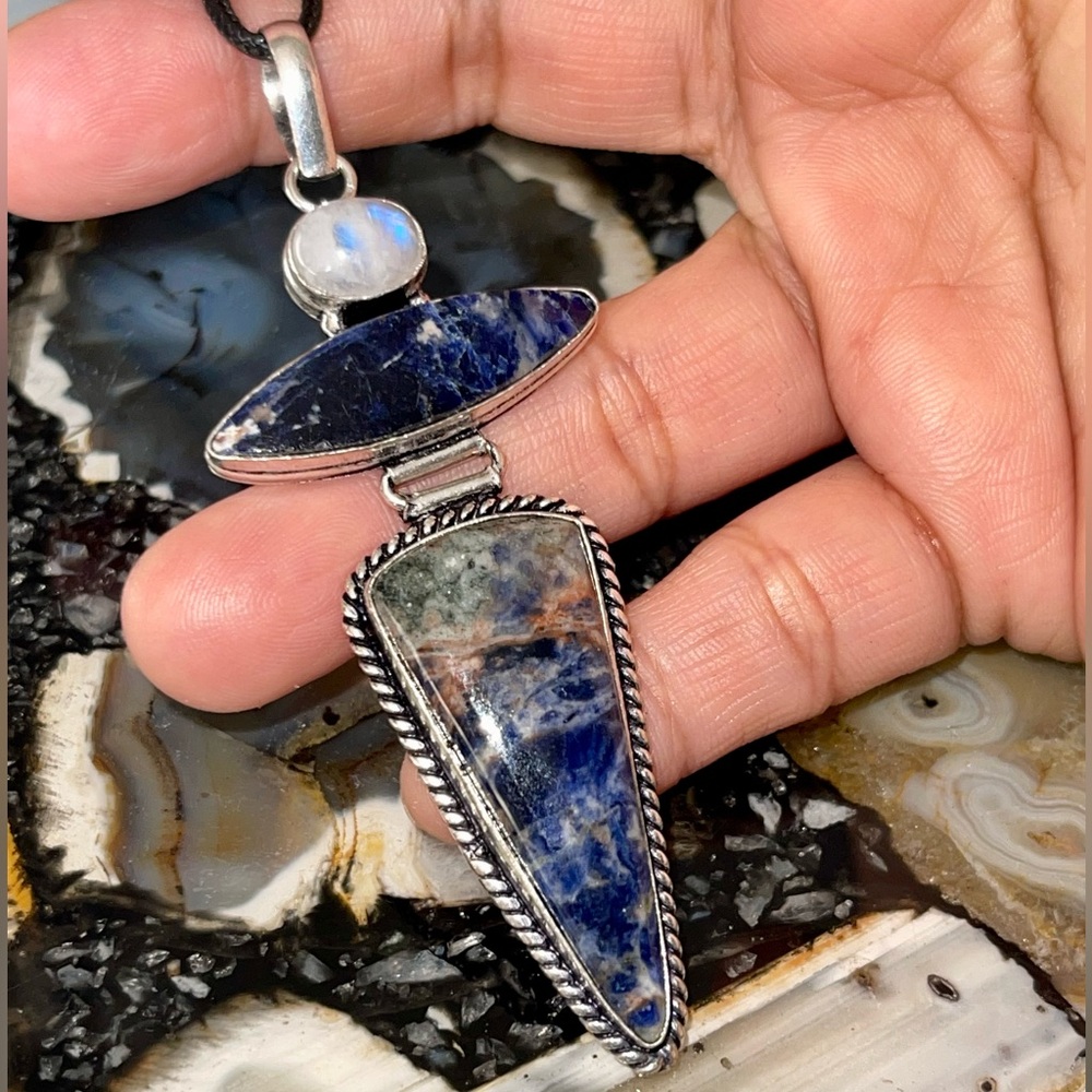 Large Crystal Pairing Navy Sodalite & Rainbow Moonstone Pendant 3 1/2”
